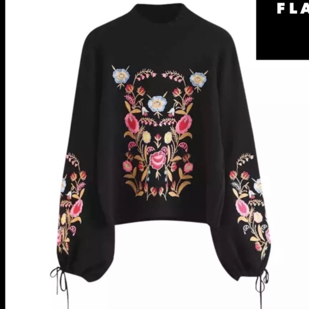Floral Embroidered Black Sweater